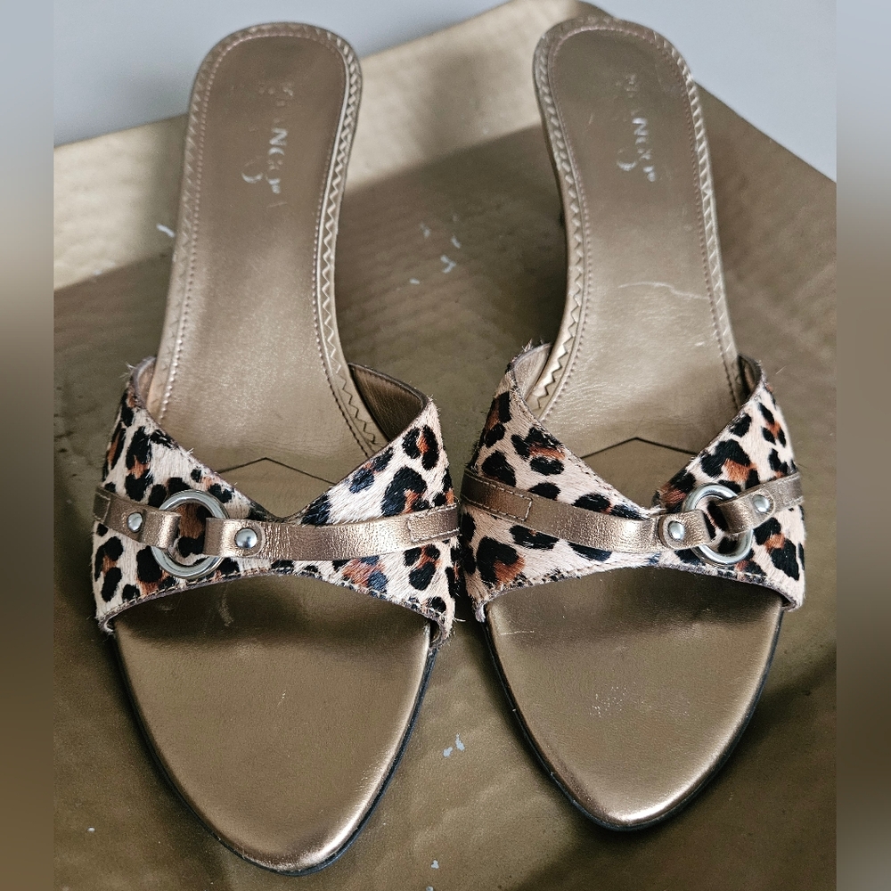 Franco Sarto Leopard Print Sandals with Metallic Accents